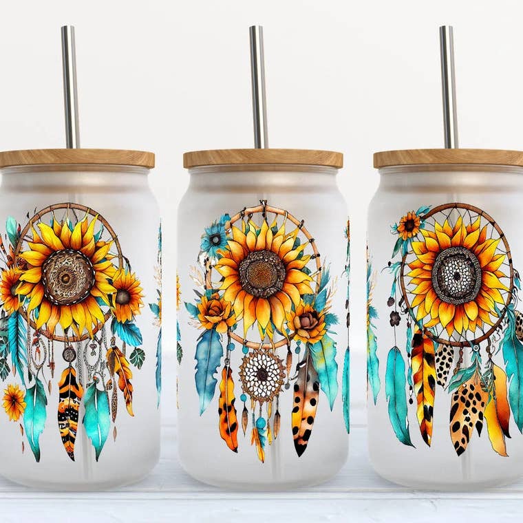 Dreamcatcher Sunflowers 16oz Frosted Libbey Glass Tumbler