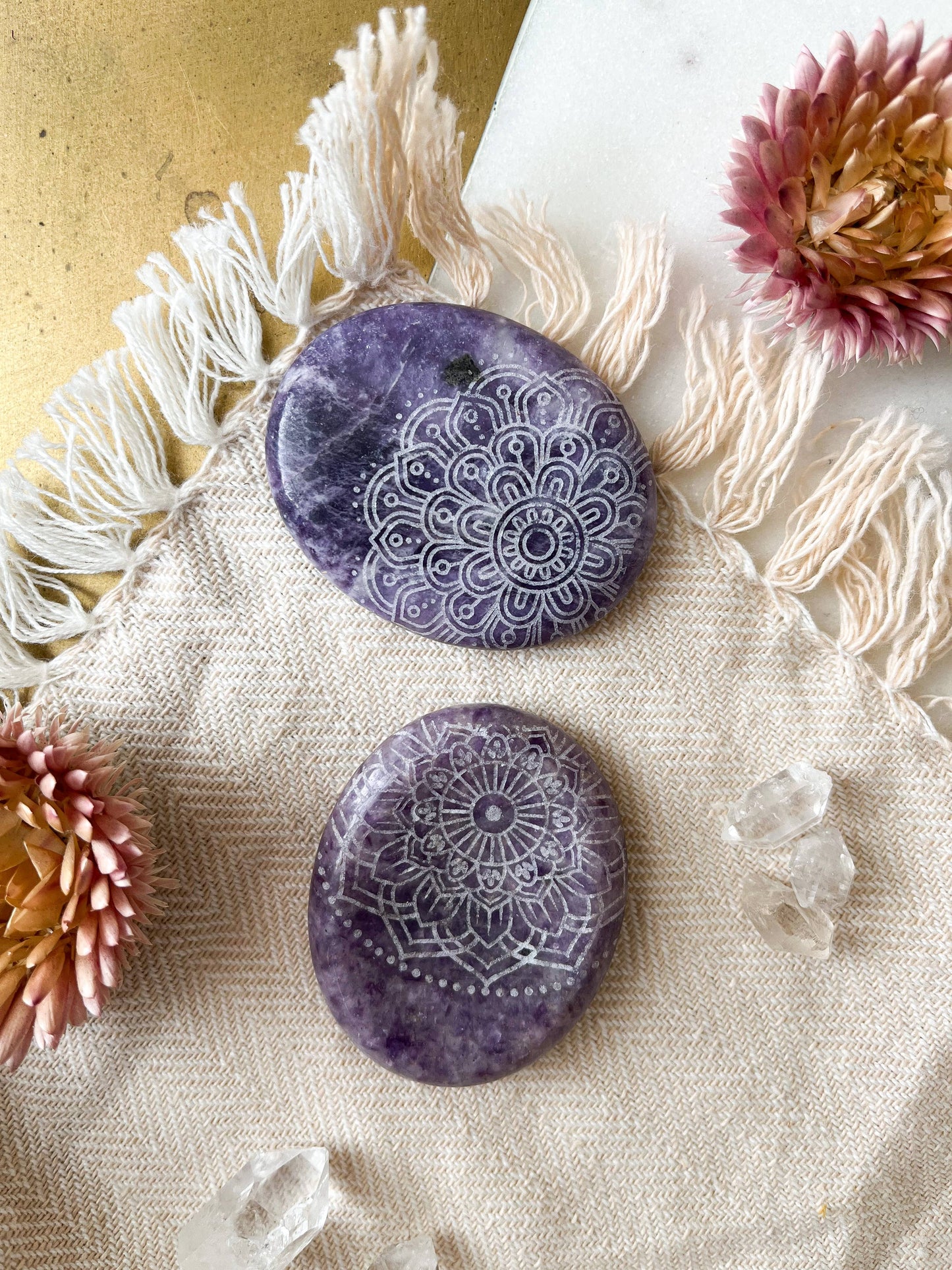 Etched Lepidolite Worry Stone - Assorted Mandalas