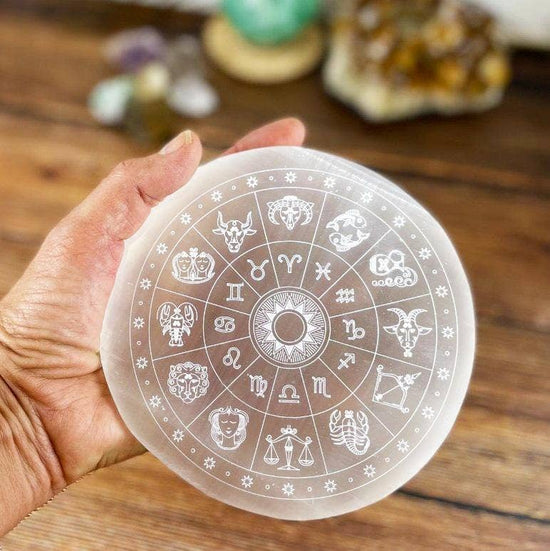 Selenite Etched Charging Plate - Engraved Zodiac Signs