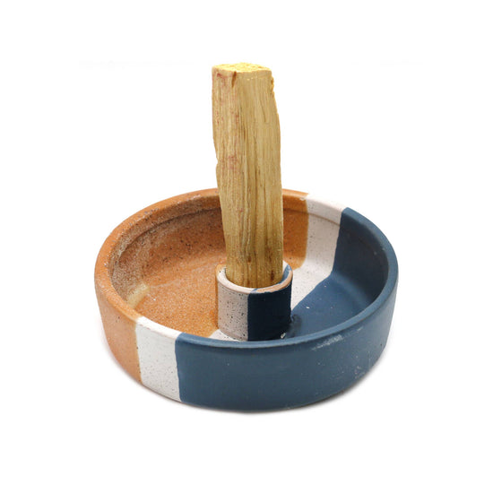 Textured Ceramic Palo Santo Burner (4 in.) - Blue & Beige