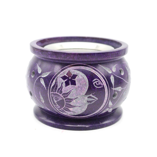 PURPLE SUN MOON STAR SOAPSTONE CHARCOAL BURNER 3″ X 3.5"