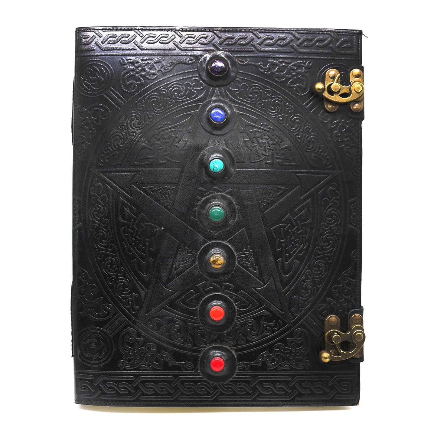 7 Chakras/Black Pentacle Blank Leather Journal (10 x 13 in.)