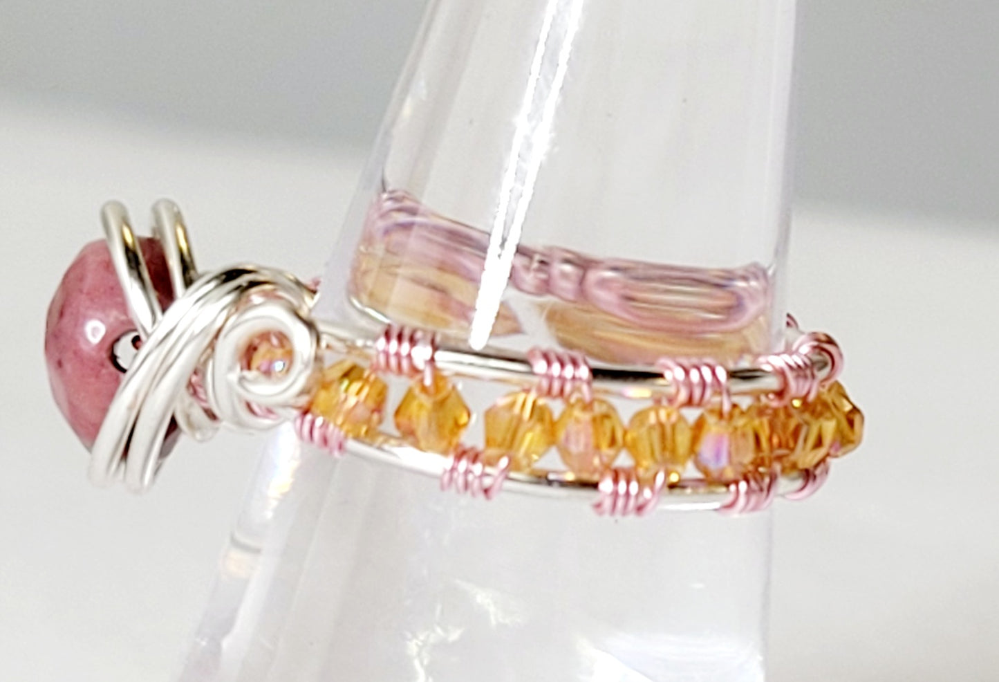Rhodonite Ring 
Hand Wrapped Two Toned in Silver and Pink Plated Copper