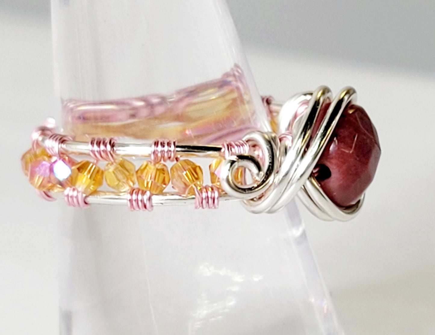 Rhodonite Ring 
Hand Wrapped Two Toned in Silver and Pink Plated Copper