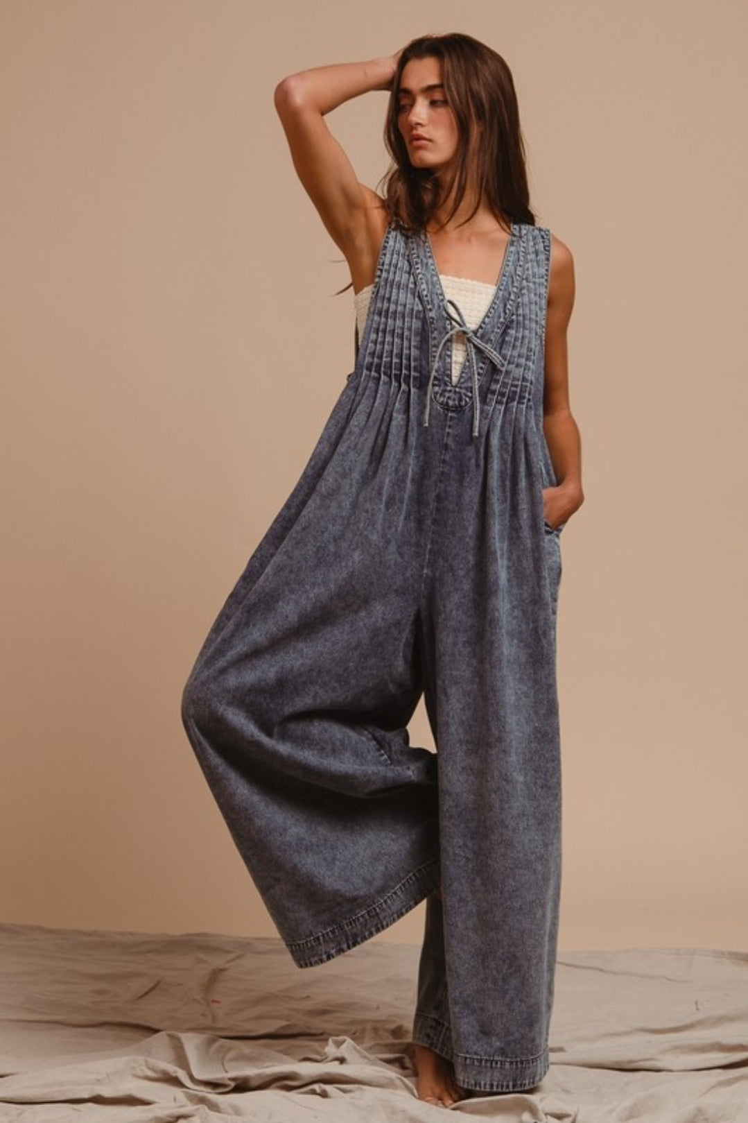 Mineral Washed Pintuck Jumpsuit with Side Pockets