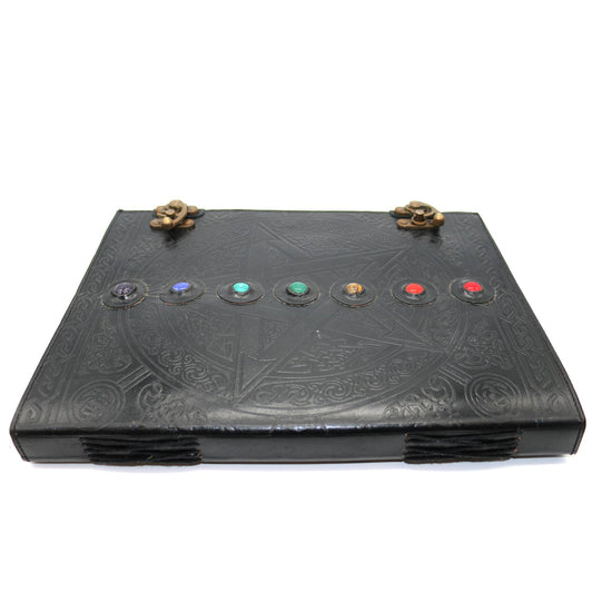 7 Chakras/Black Pentacle Blank Leather Journal (10 x 13 in.)