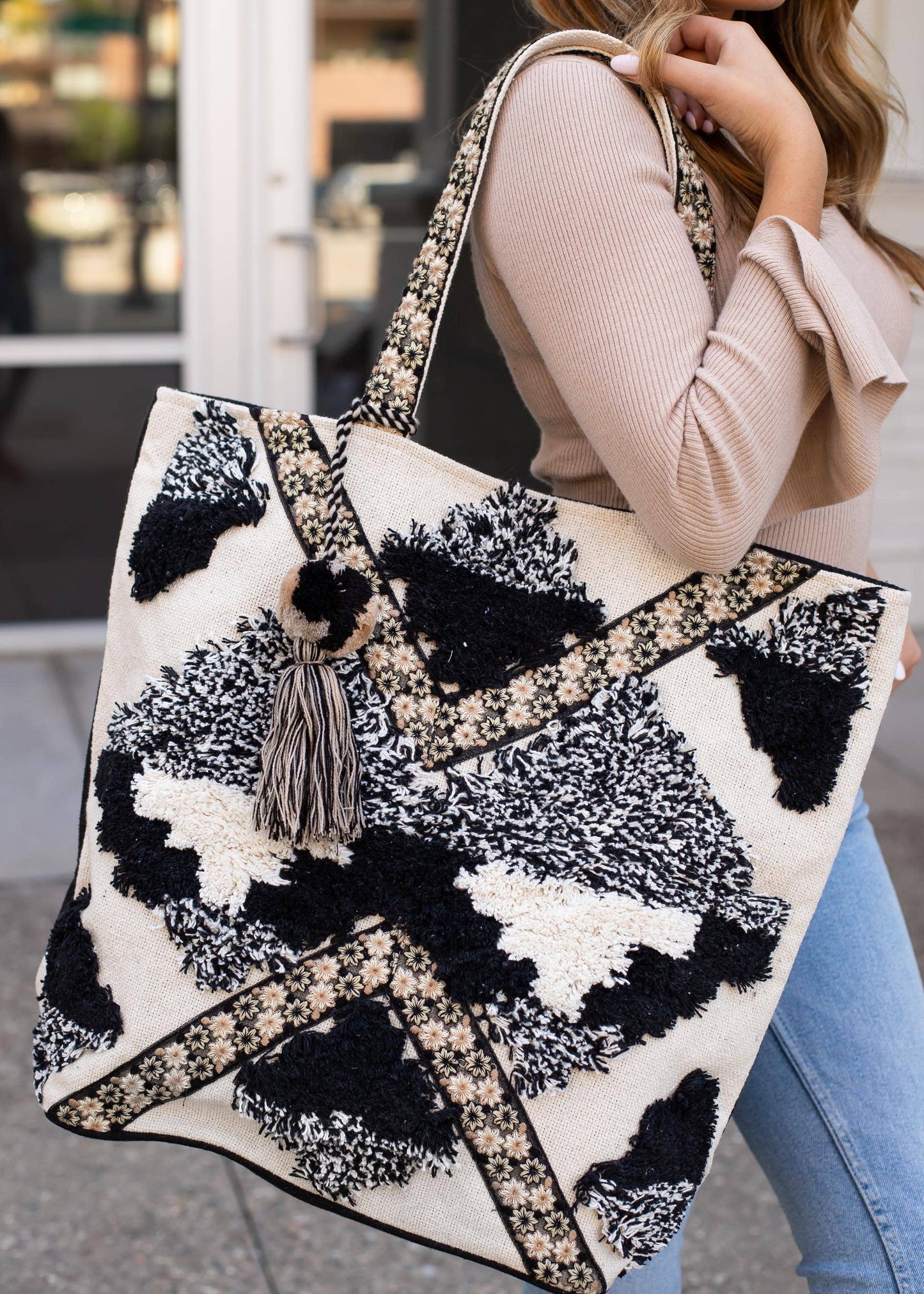 Black/Cream Tote With Floral Pattern