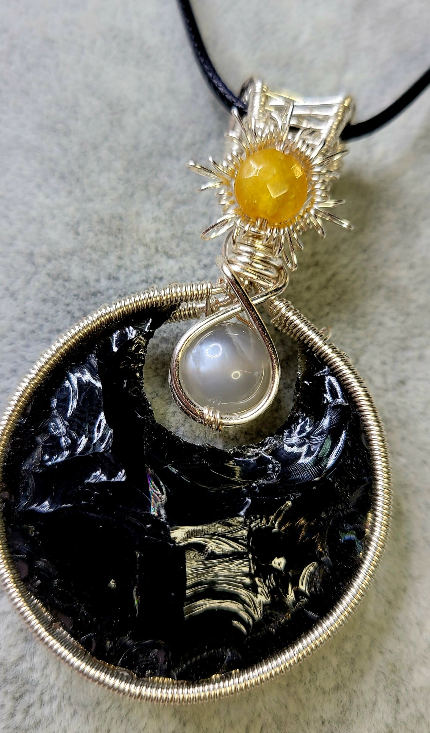 Obsidian Moon with Black Moonstone and Citrine Sun Pendant
