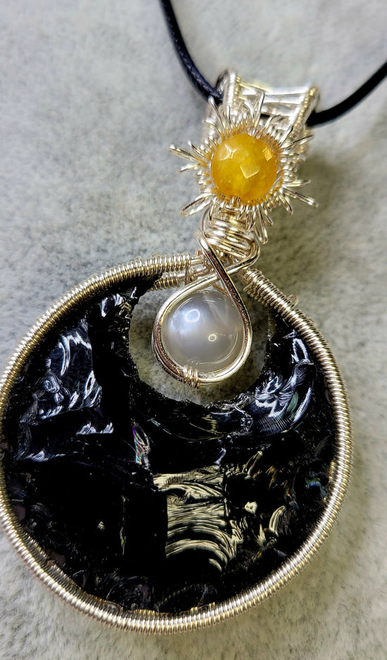 Obsidian Moon with Black Moonstone and Citrine Sun Pendant