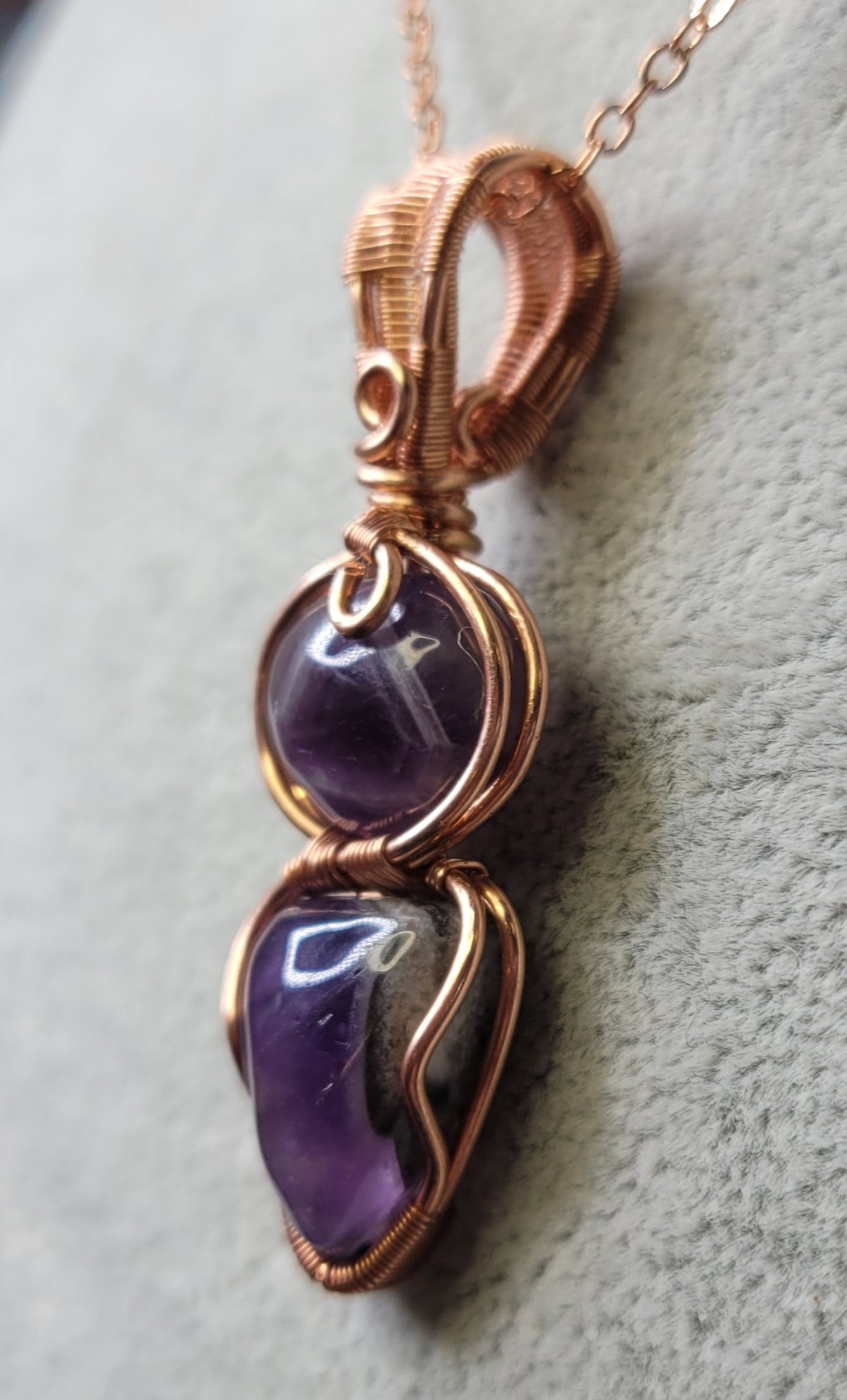 Double Amethyst pendant
Handwrapped in Copper Wire