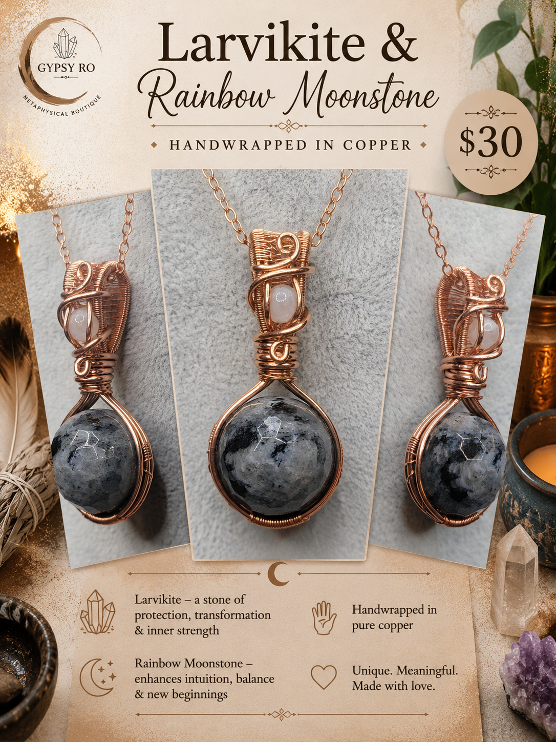 Larvikite & Rainbow Moonstone 
Handwrapped in Copper