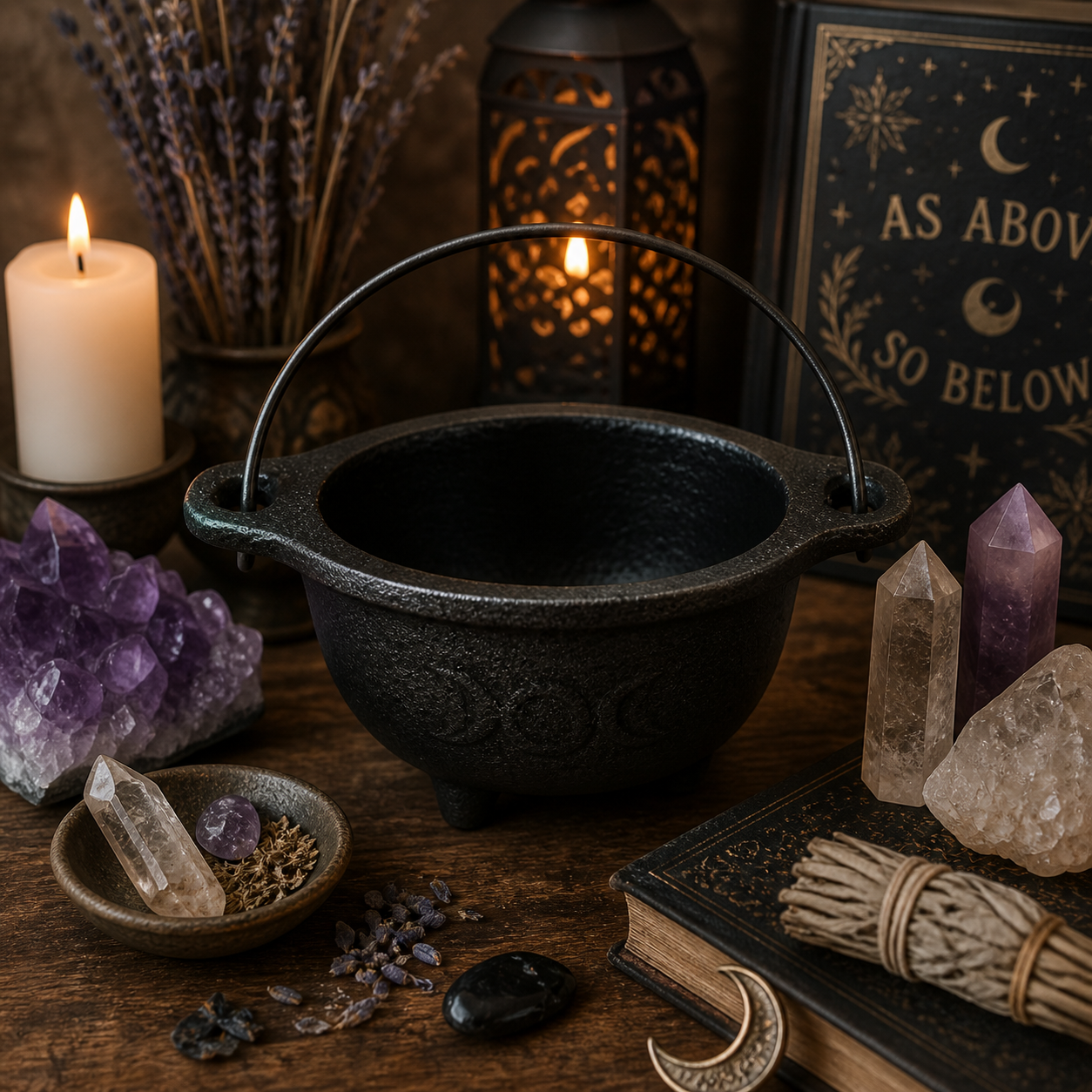 Cast Iron Cauldron Bowl w/ Hanger - Triple Moon (4 in.)