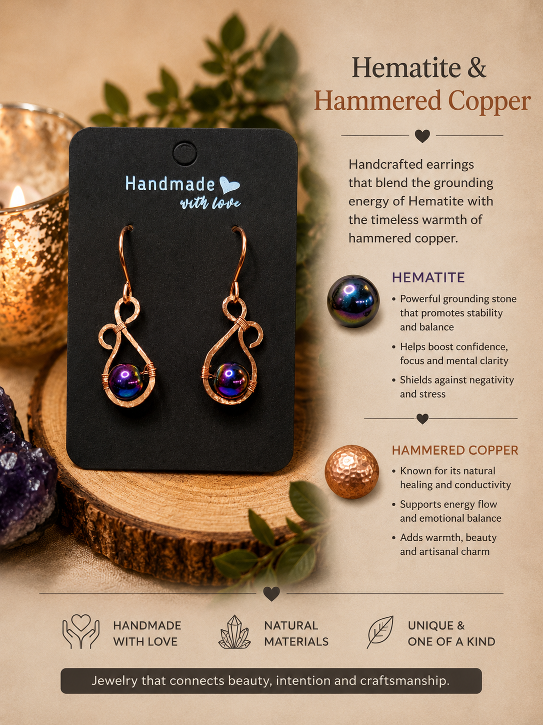 Hematite and Hammered Copper Earrings