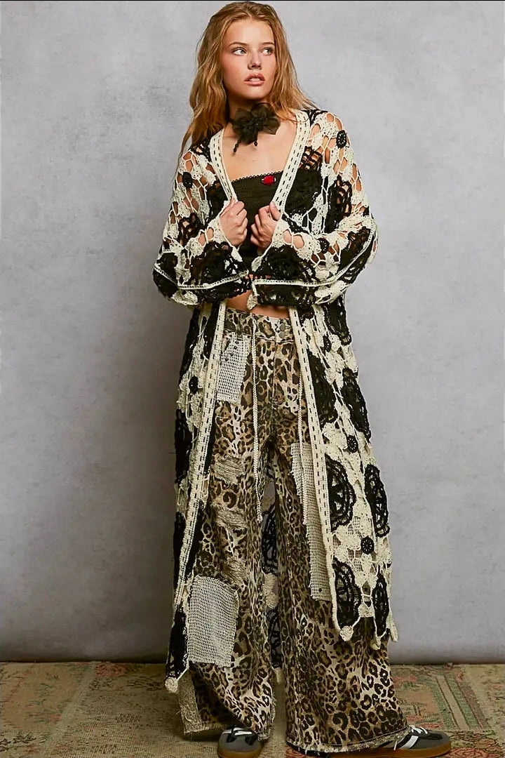 Maxi Long Sleeve Crochet Open Cardigan