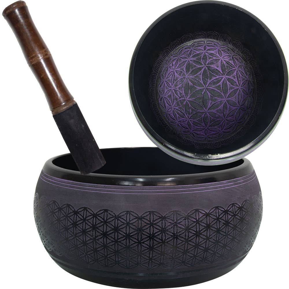 Singing Bowl Round Sided 8in Flower of Life Purple