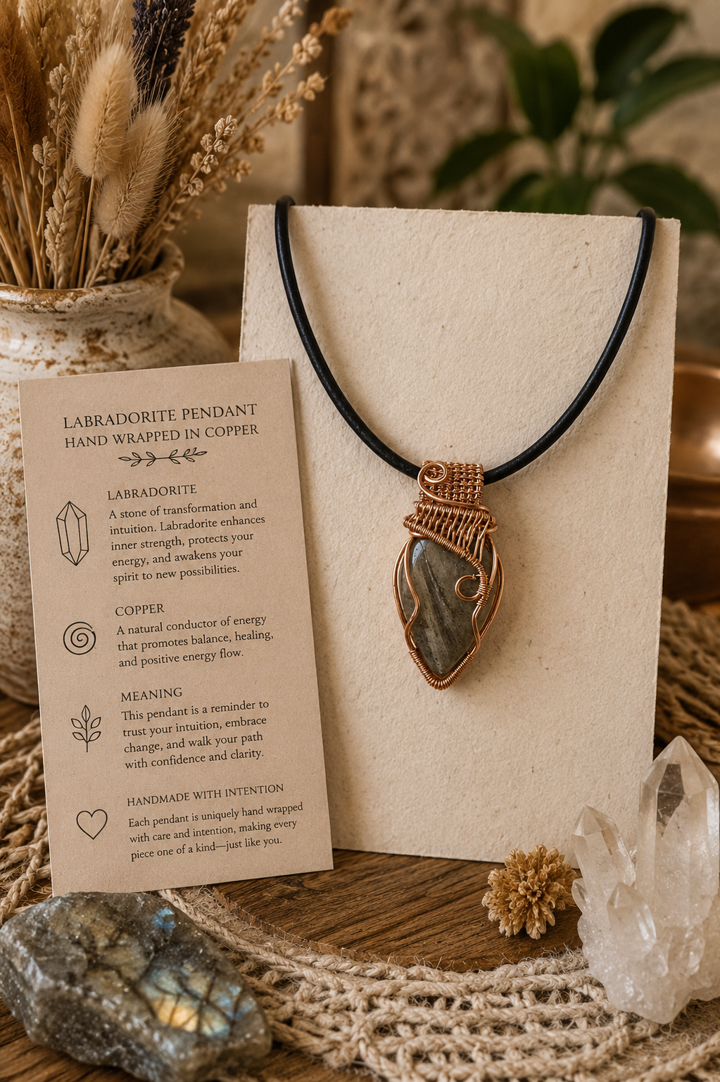 Labadorite pendant 
Hand wrapped in copper