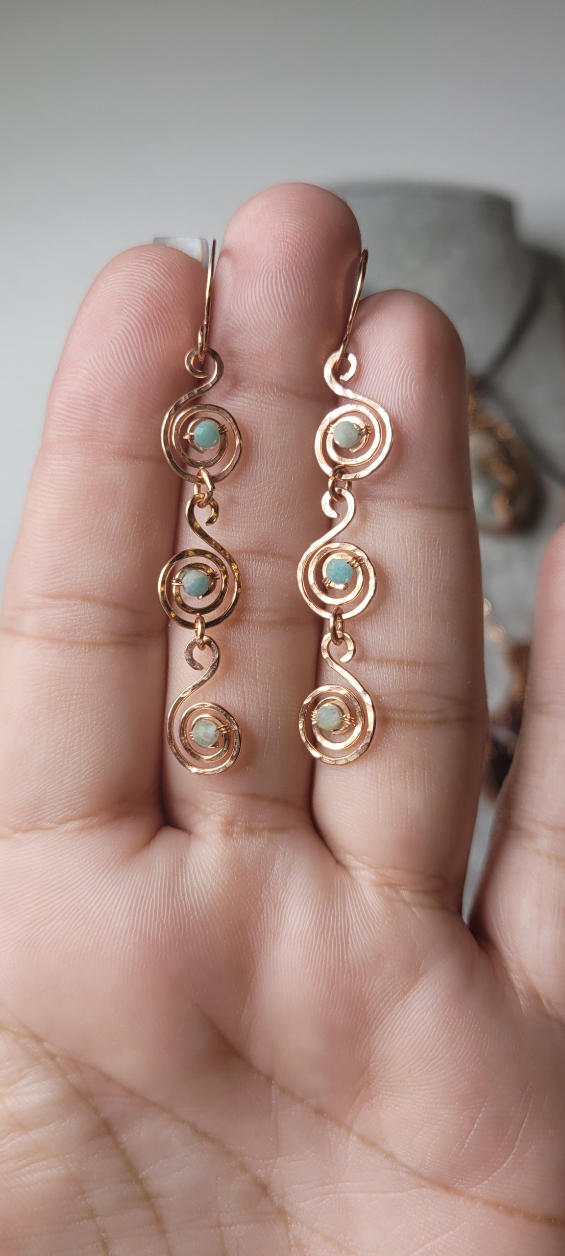 Amazonite Ear Rings
Hand wrapped in Copper