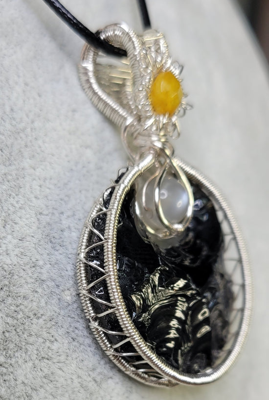 Obsidian Moon with Black Moonstone and Citrine Sun Pendant