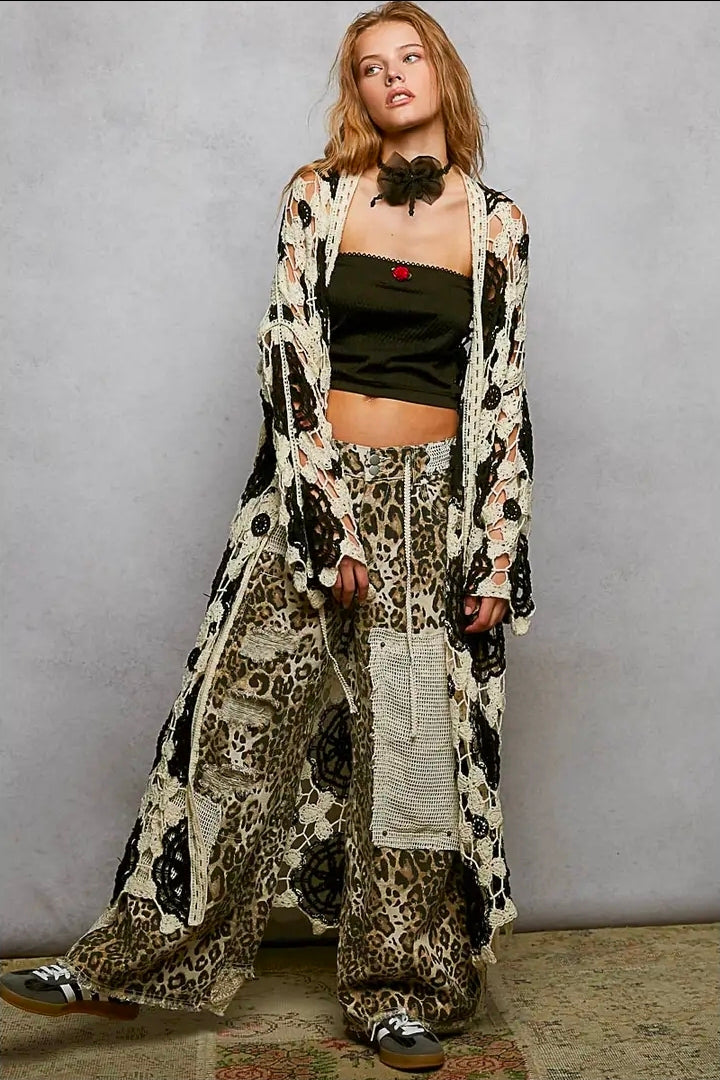 Maxi Long Sleeve Crochet Open Cardigan