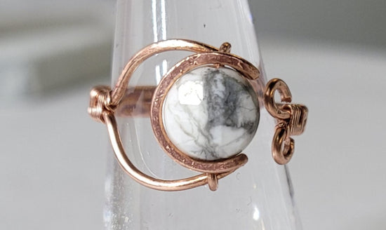Adjustable Cresent Moon with Howlite Ring
Handwrapped in Copper