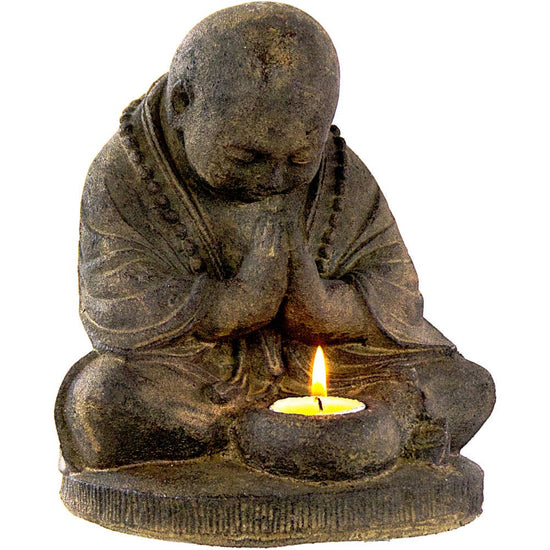 Volcanic Stone Statue T-Light Holder Praying Monk