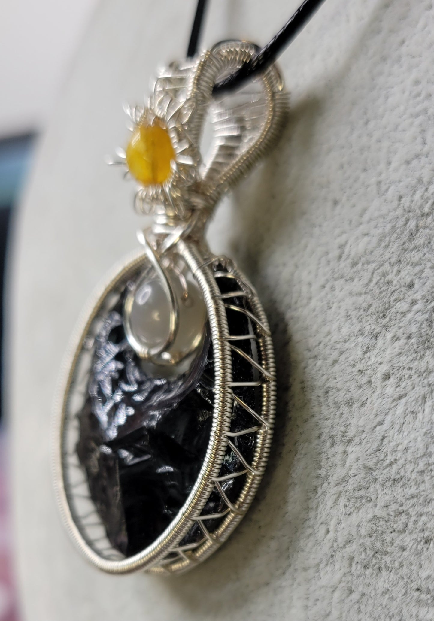 Obsidian Moon with Black Moonstone and Citrine Sun Pendant