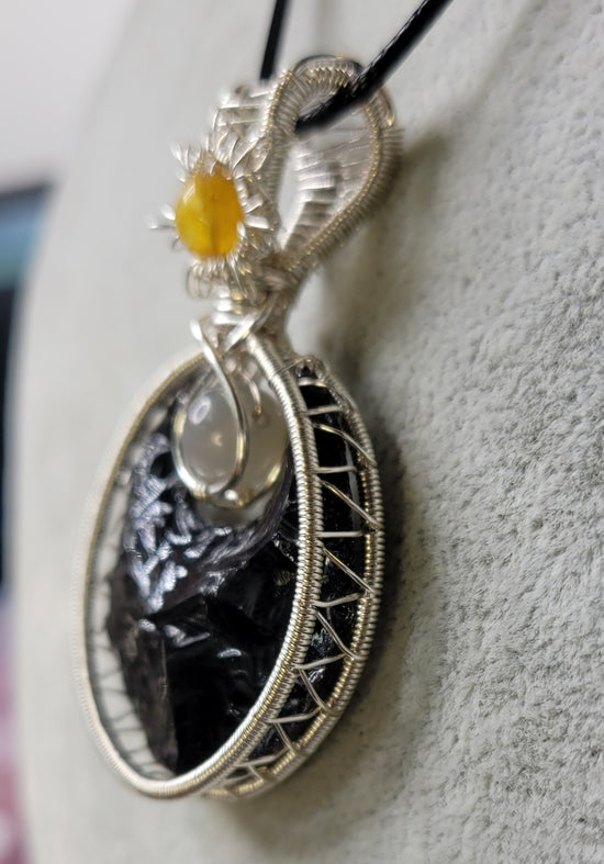 Obsidian Moon with Black Moonstone and Citrine Sun Pendant