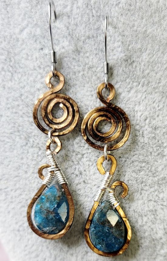 Blue Apatite with Two Toned Antique Brass and Silver Plated Copper Earrings