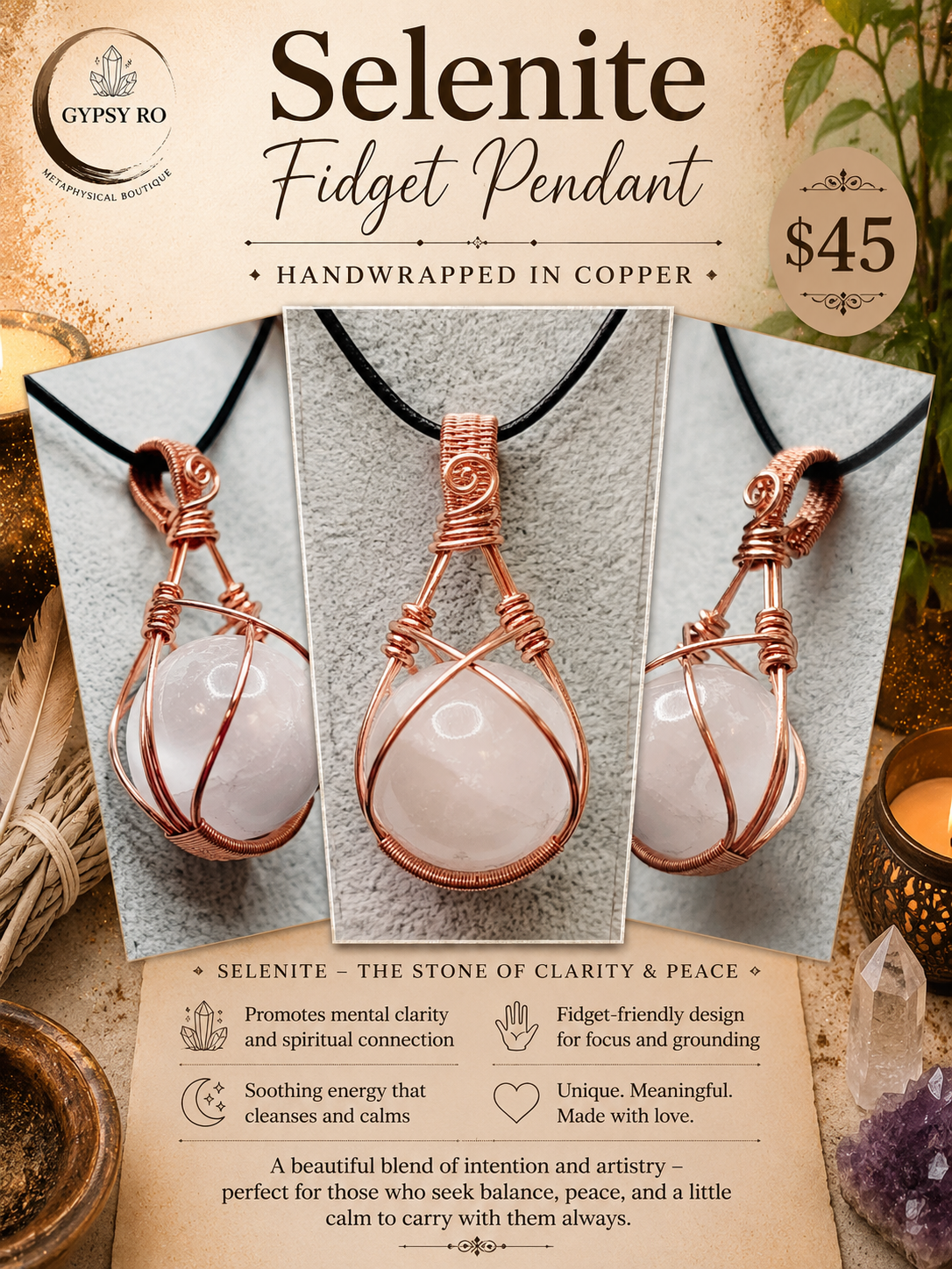 Selenite fidget Pendant
Handwrapped in Copper