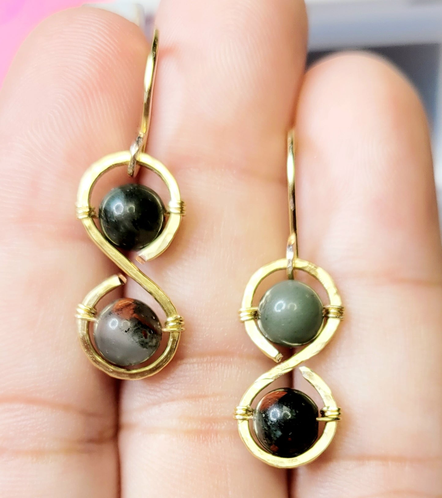 Blood Stone Ear Rings
Handwrapped in Gold Plated Copper