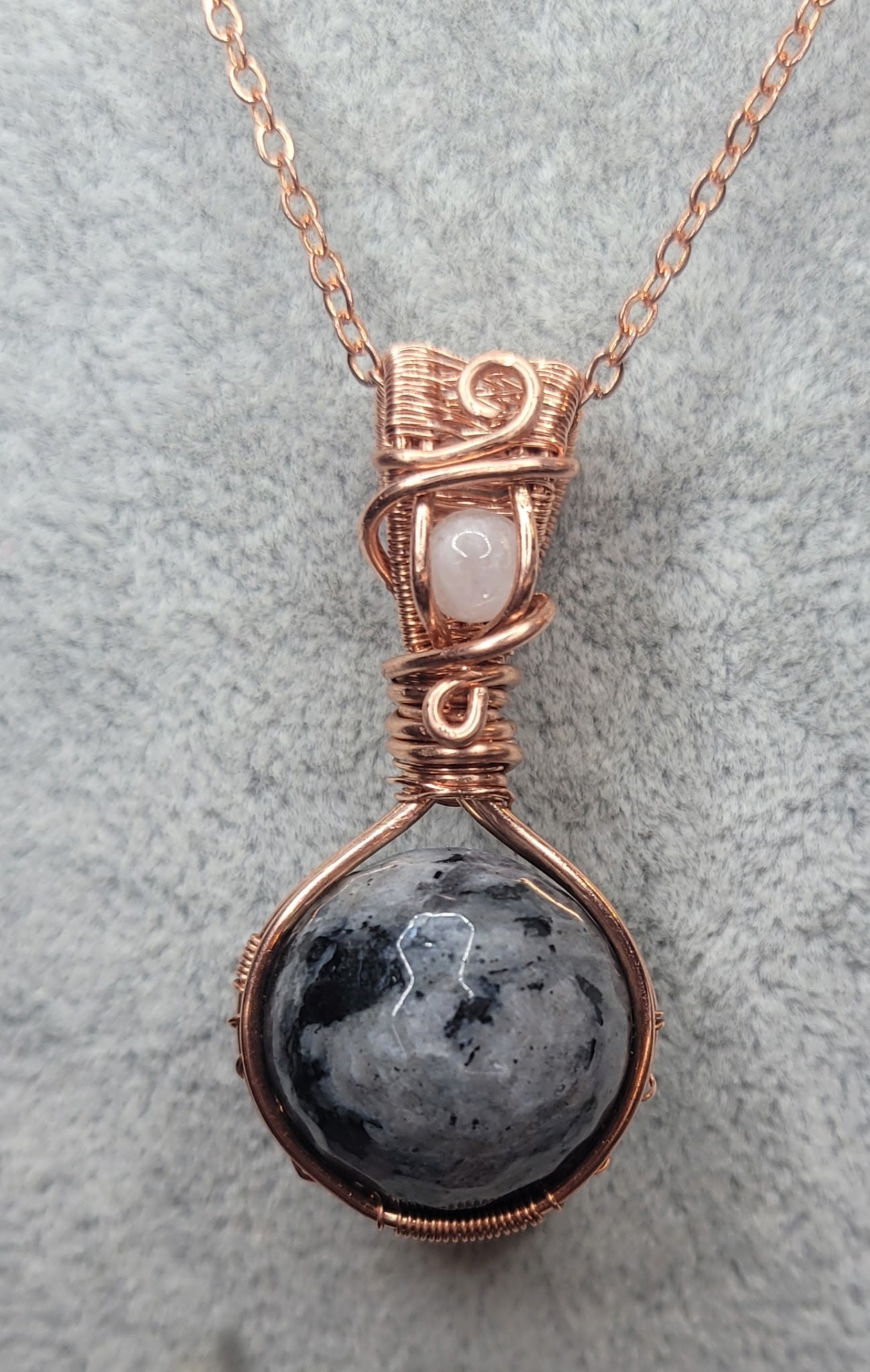 Larvikite & Rainbow Moonstone 
Handwrapped in Copper