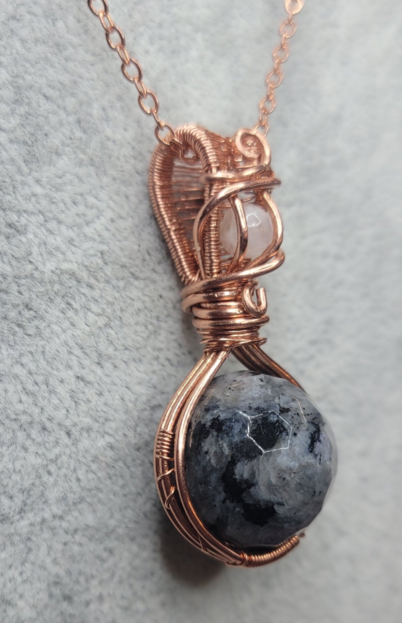 Larvikite & Rainbow Moonstone 
Handwrapped in Copper