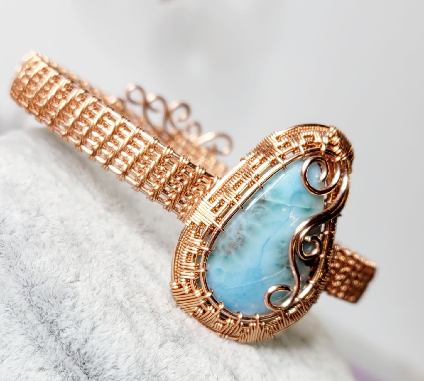 Larimar Cuff
Hand wrapped in Copper