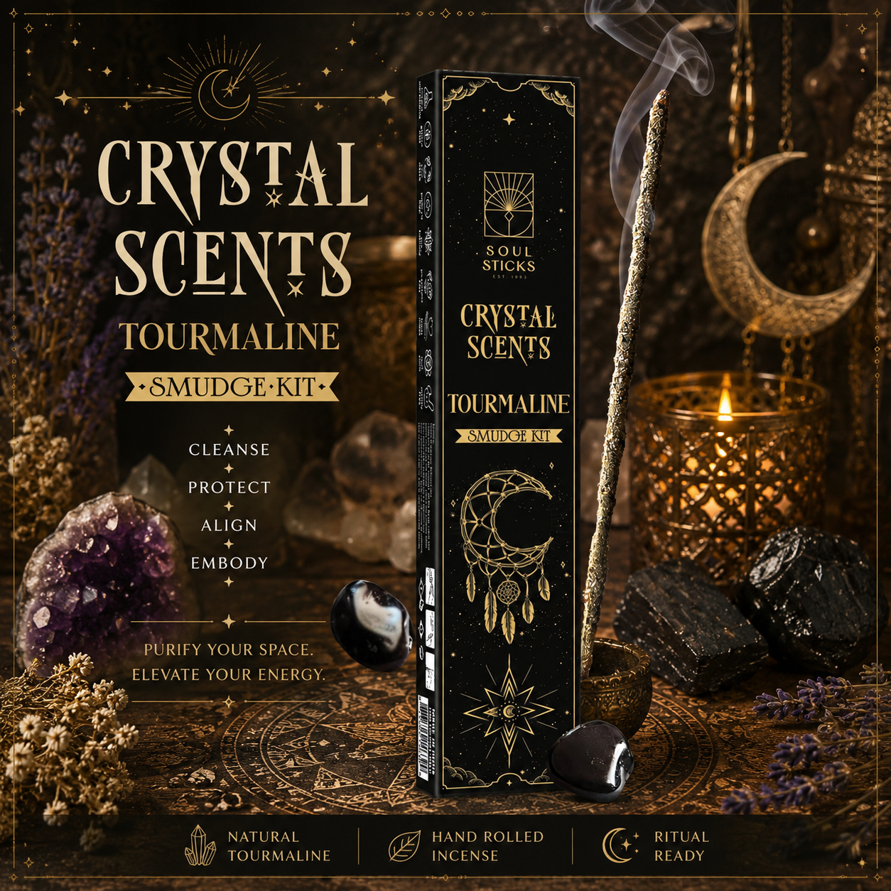 Tourmaline Crystal Scents Incense Sticks Smudge Kit