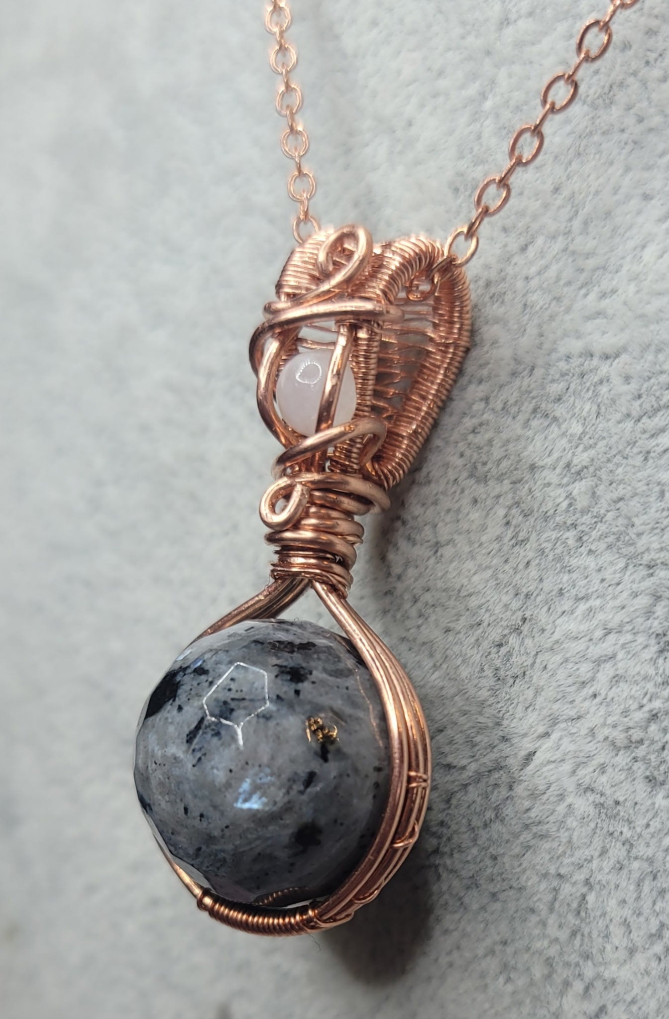 Larvikite & Rainbow Moonstone 
Handwrapped in Copper