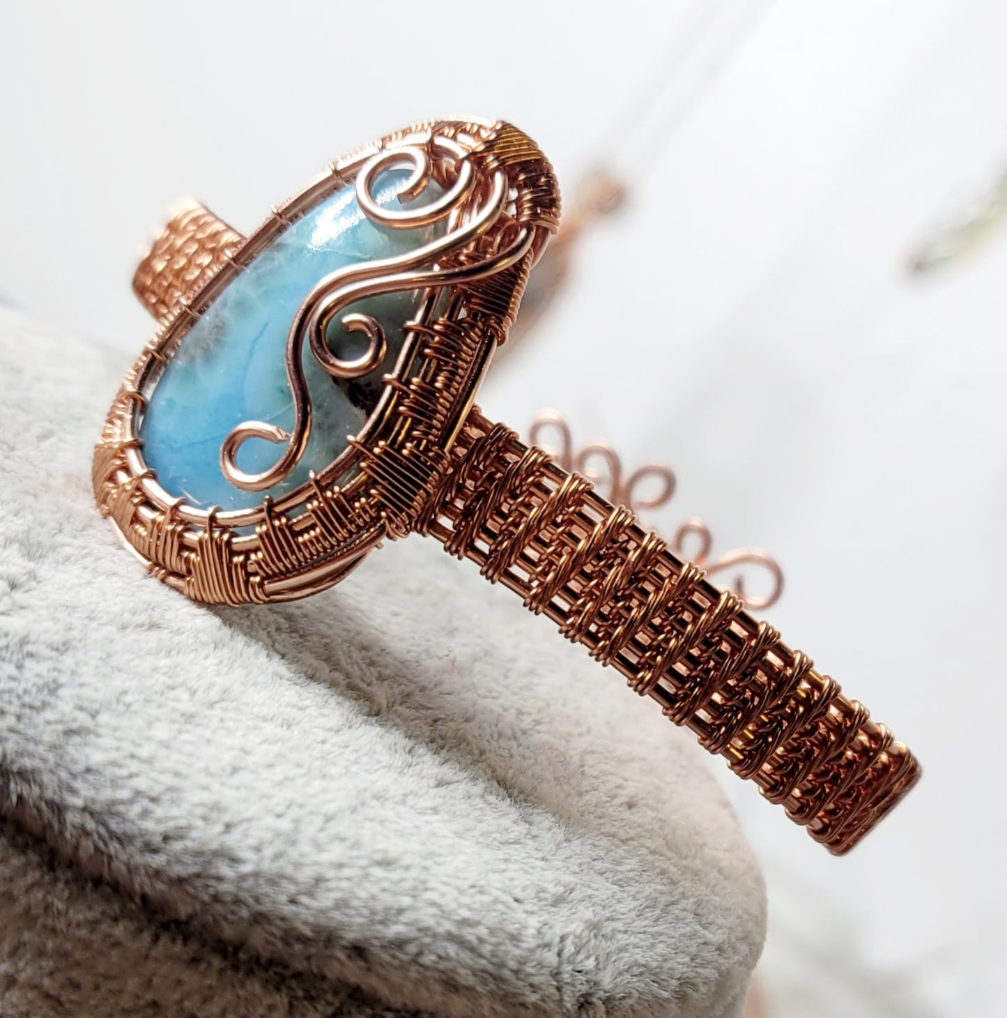 Larimar Cuff
Hand wrapped in Copper