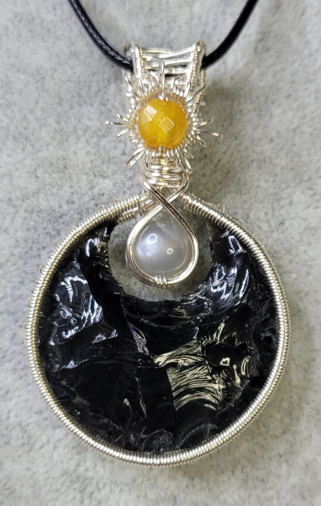 Obsidian Moon with Black Moonstone and Citrine Sun Pendant