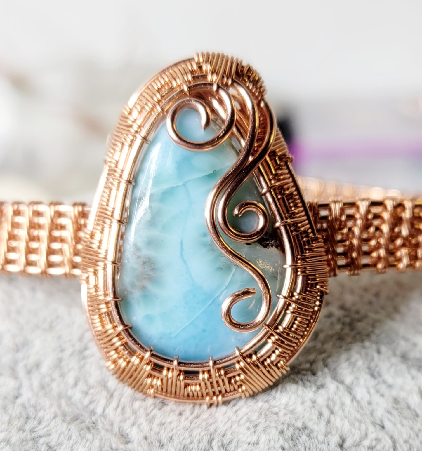 Larimar Cuff
Hand wrapped in Copper
