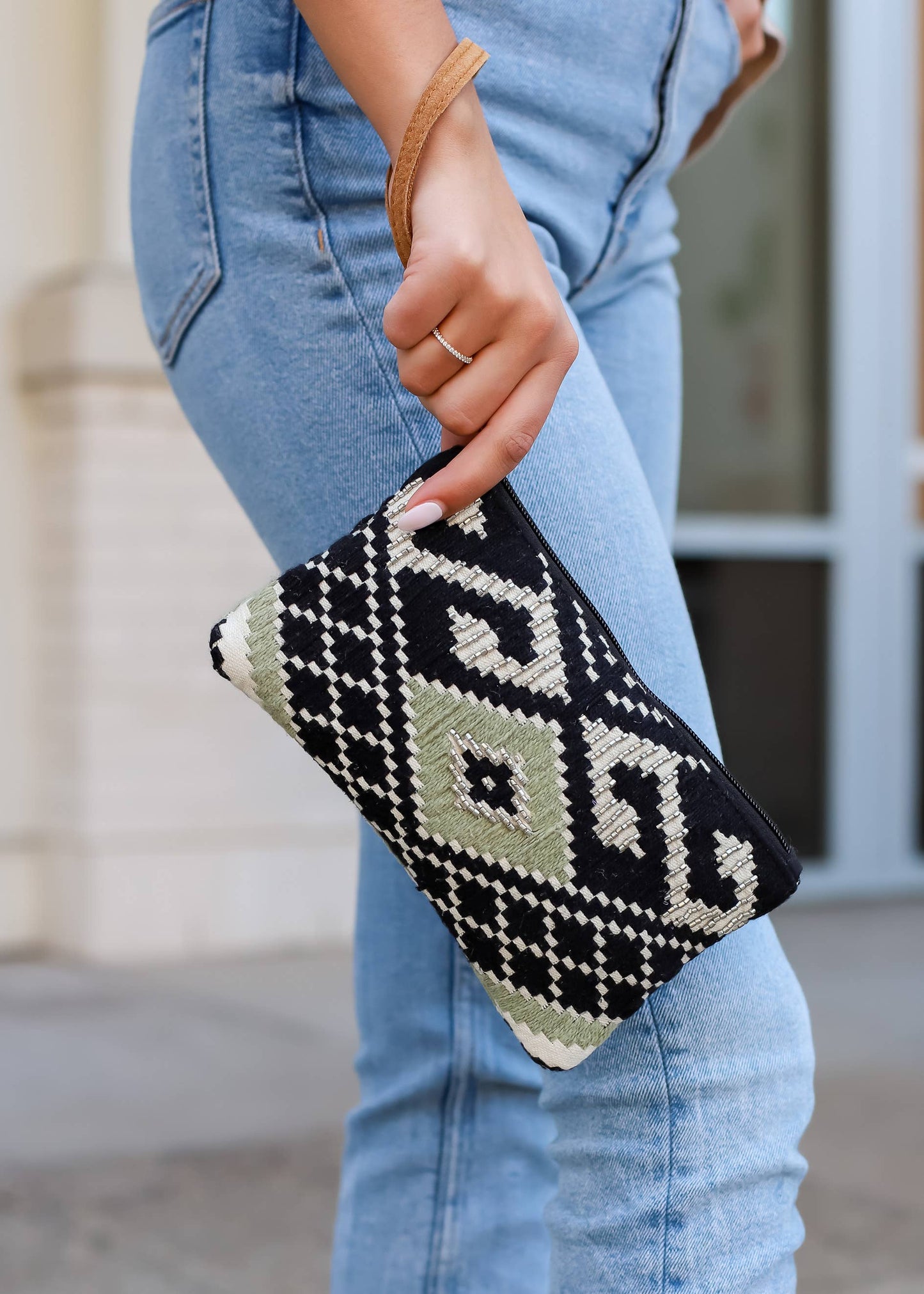 Black and Sage Beaded Aztec Wristlet