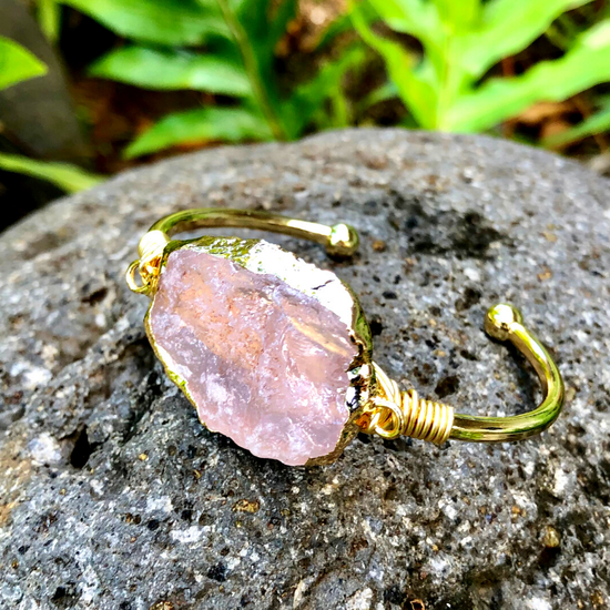 Rose Quartz Flat Gemstone Gold Bangle Cuff Bracelet ~ "Love & Tranquility"