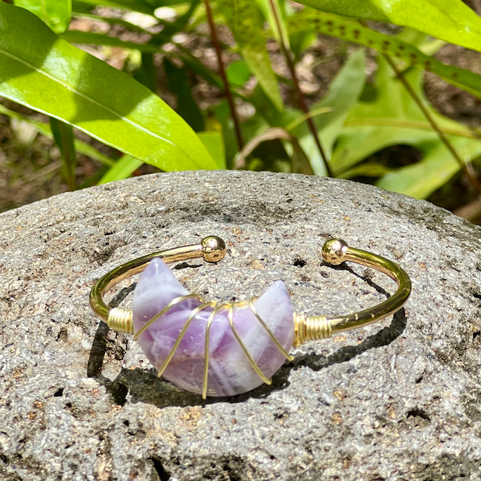 Amethyst Moon Gemstone Gold Bangle Cuff Bracelet