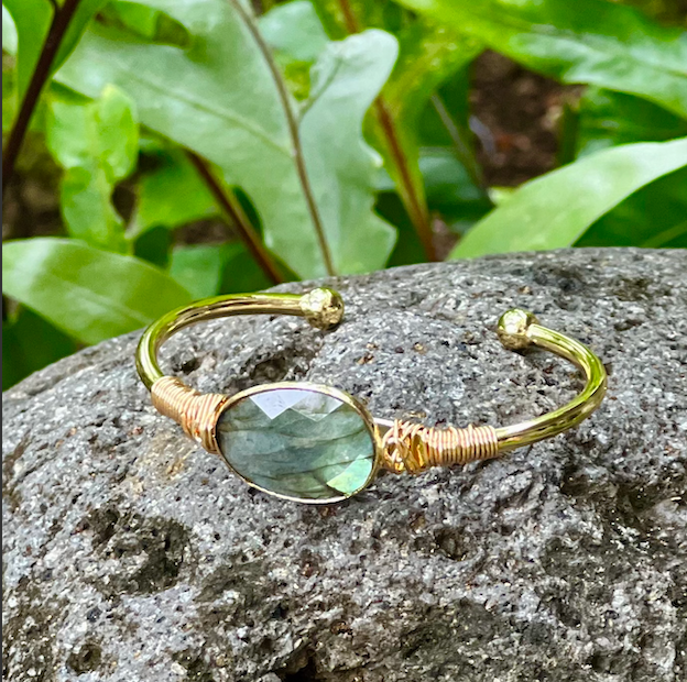 Labradorite Gemstone Oval Gold Bangle Cuff Bracelet