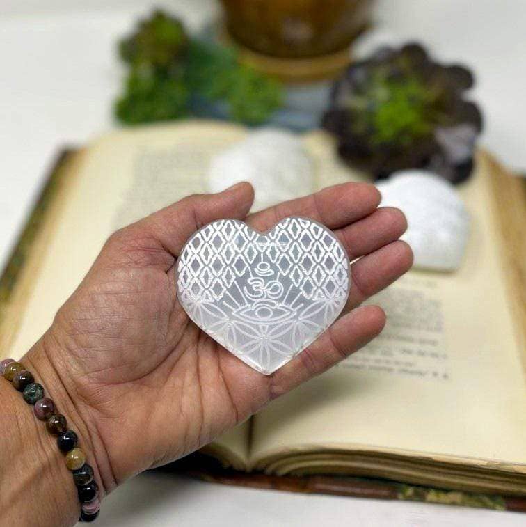 Selenite Stone Heart - Engraved Eye Pattern